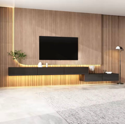 Black Floating TV Console with LED Lighting, Wall-Mounted Media Unit