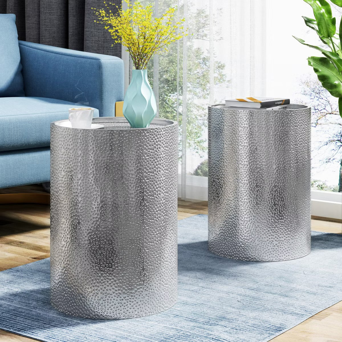 Set of 2 Gold Side Tables, Accent Table with Hammered Surface