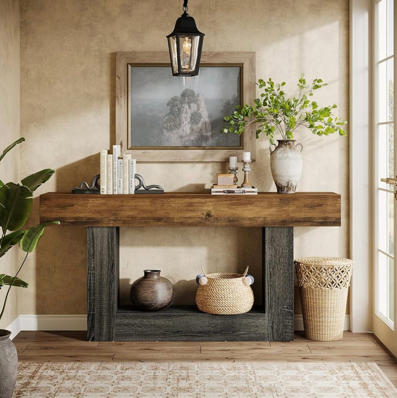 63” Farmhouse Console Table with U-Shaped Base and Lower Shelf