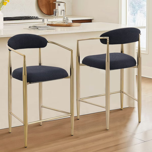 Set of 2 Boucle Upholstered Bar Stools Black & Gold