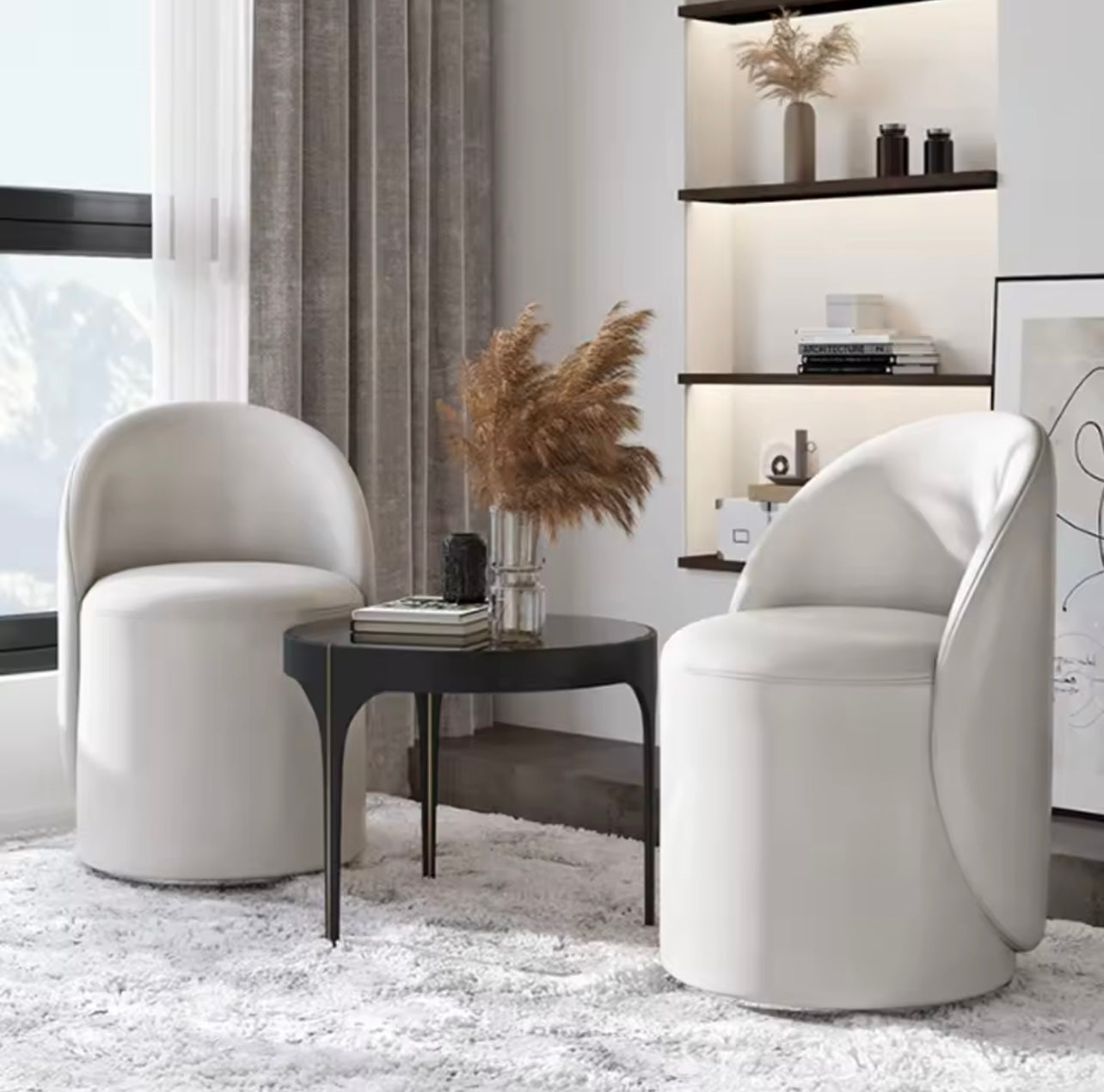 Modern Upholstered Barrel Dining Chair, 360 Degree White Swivel Chair