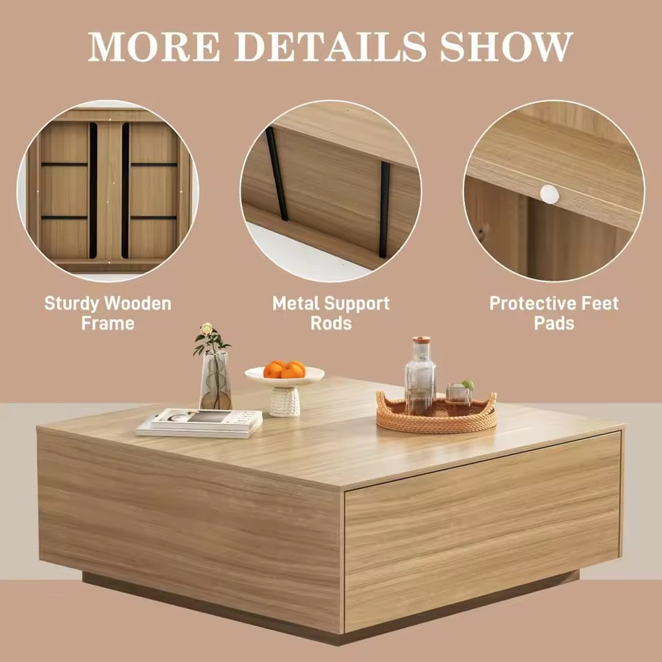 43” Solid Wood Square Coffee Table with Storage Drawers