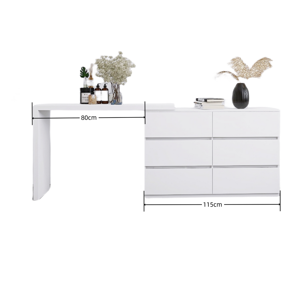 White 6-Drawer Dressing Table with Extended Top