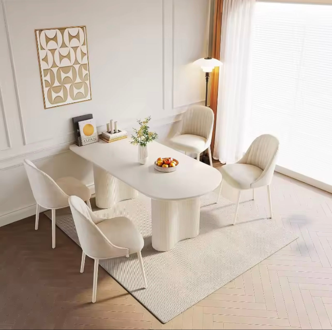 White Oval Dining Table with Ripple Legs, Modern 63” Table for 4–6