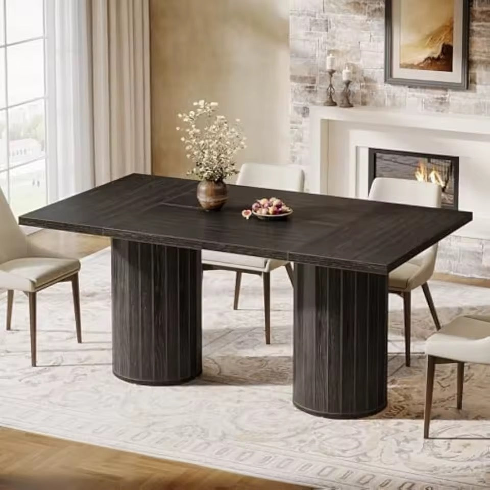 63” Modern Rectangular Dining Table with Cylindrical Base, Seats 6