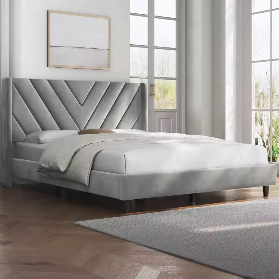 Queen Upholstered Velvet Platform Bed with Wingback Headboard