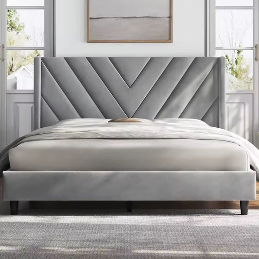 Queen Upholstered Velvet Platform Bed with Wingback Headboard