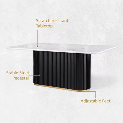 70” White Faux Marble Dining Table with Black Fluted Base, Seats 6–8