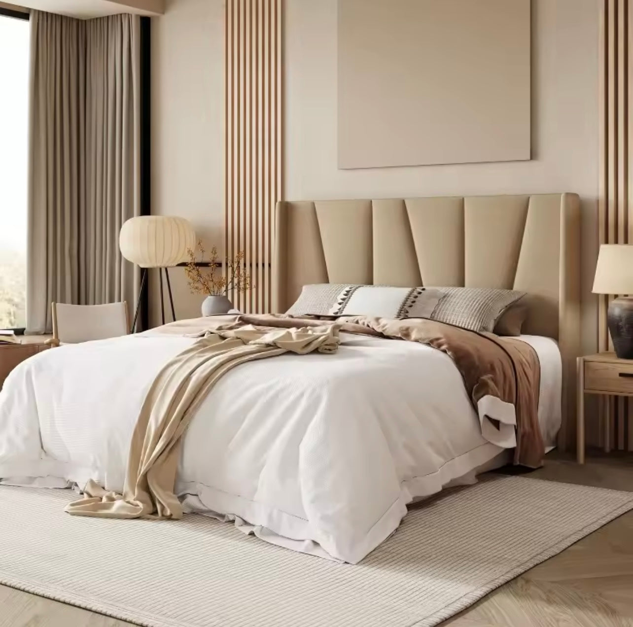 Beige Upholstered Queen Bed Frame with Geometric Wingback Headboard