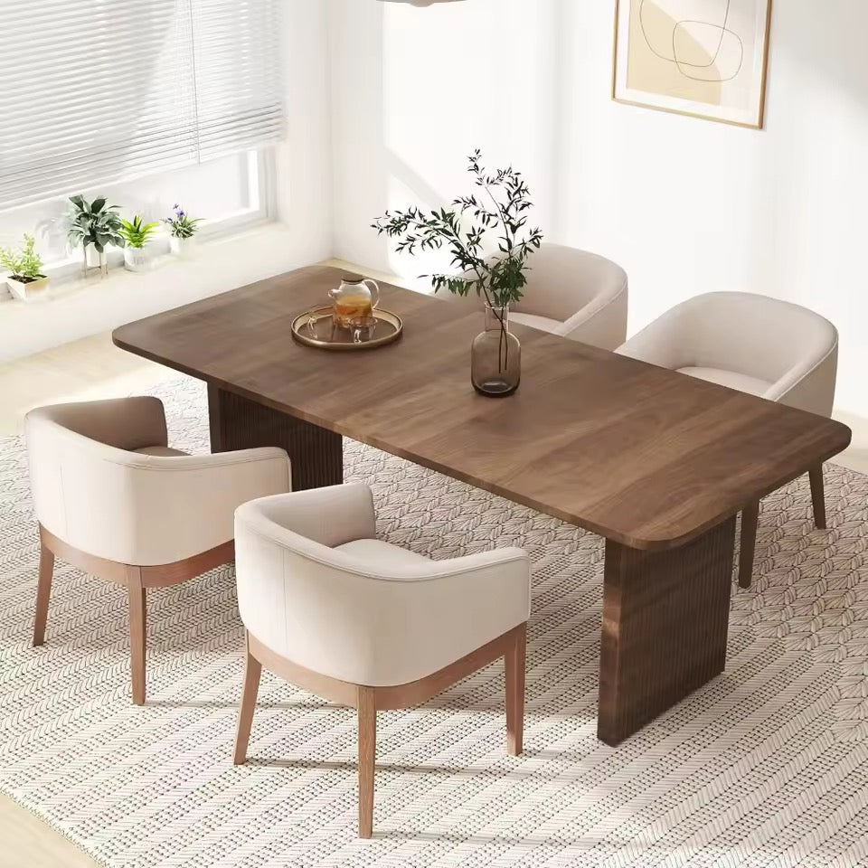 Beige Mid-Century Linen Upholstered Dining Chairs with Curved Backrest