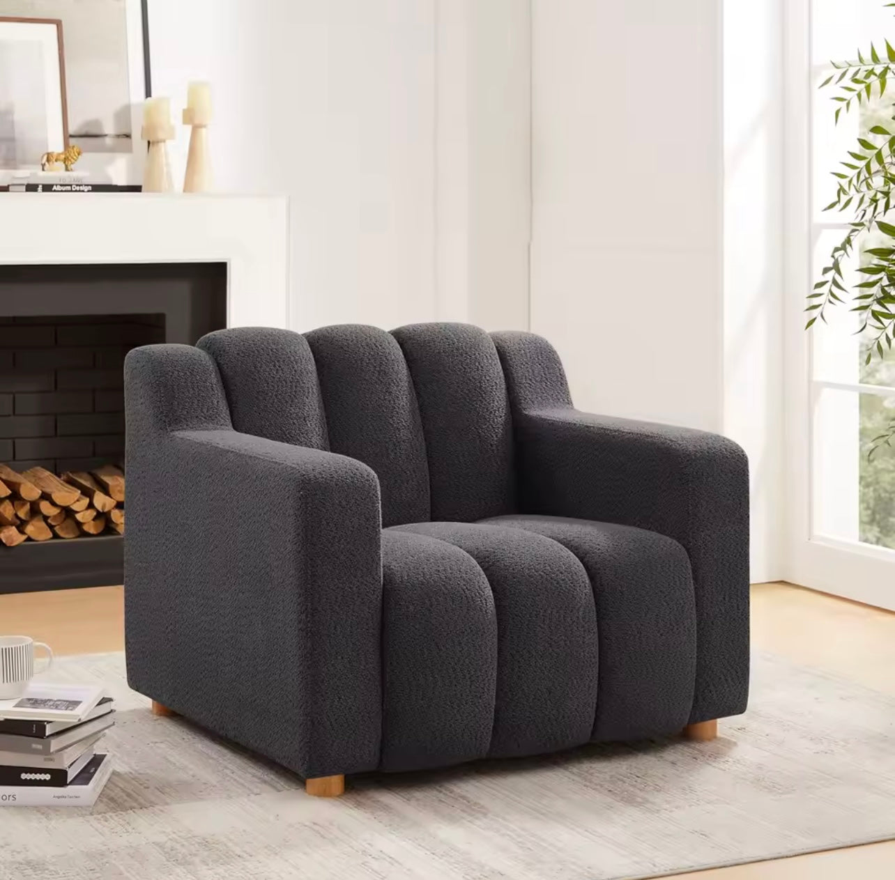 Burnt Orange Upholstered Armchair, Boucle Fabric Accent Chair