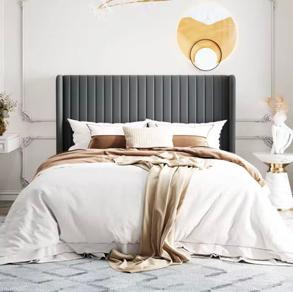 Velvet Upholstered Bed Frame with Vertical Wingback Headboard