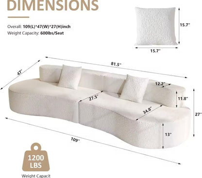 White Curved Sofa, 4 Seater Chenille Boucle Couch with Throw Pillows