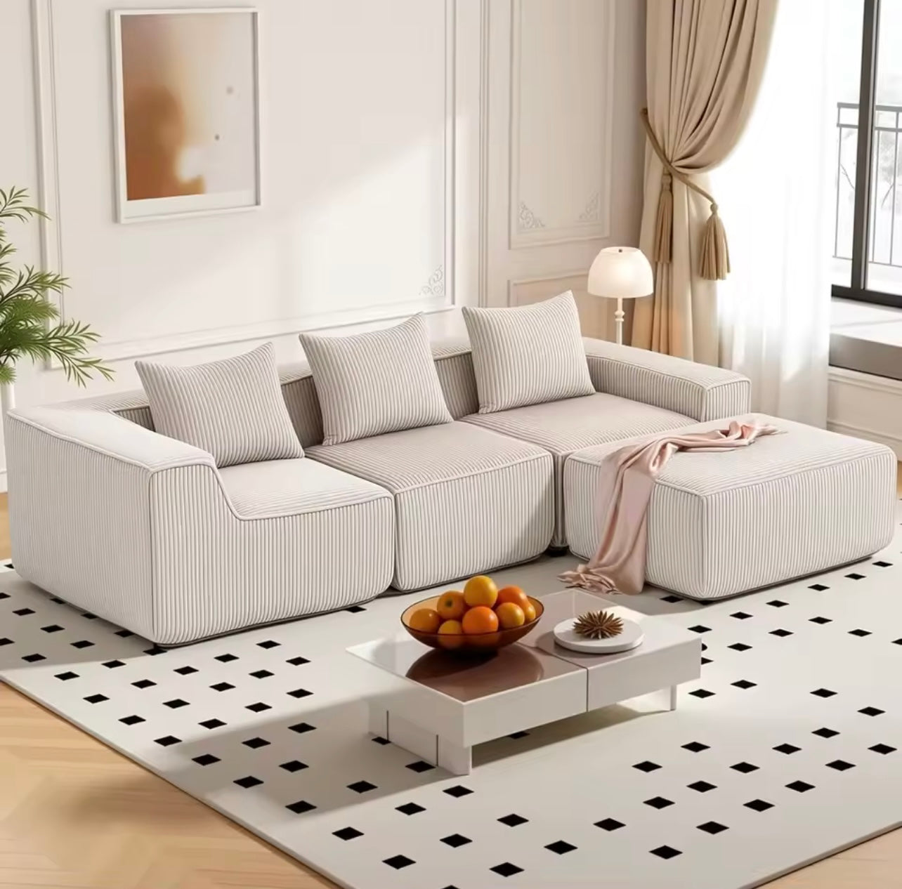 111.5” Modular Boneless Corduroy Sectional Sofa, Deep Seat 3-Seater