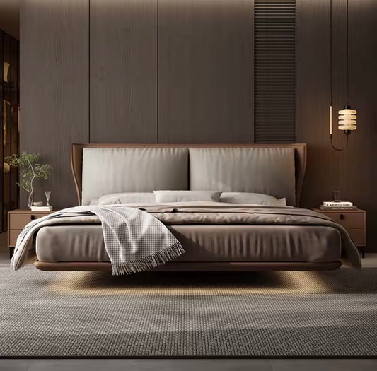 Italian Leather Floating Platform Bed with Integrated LED Lighting