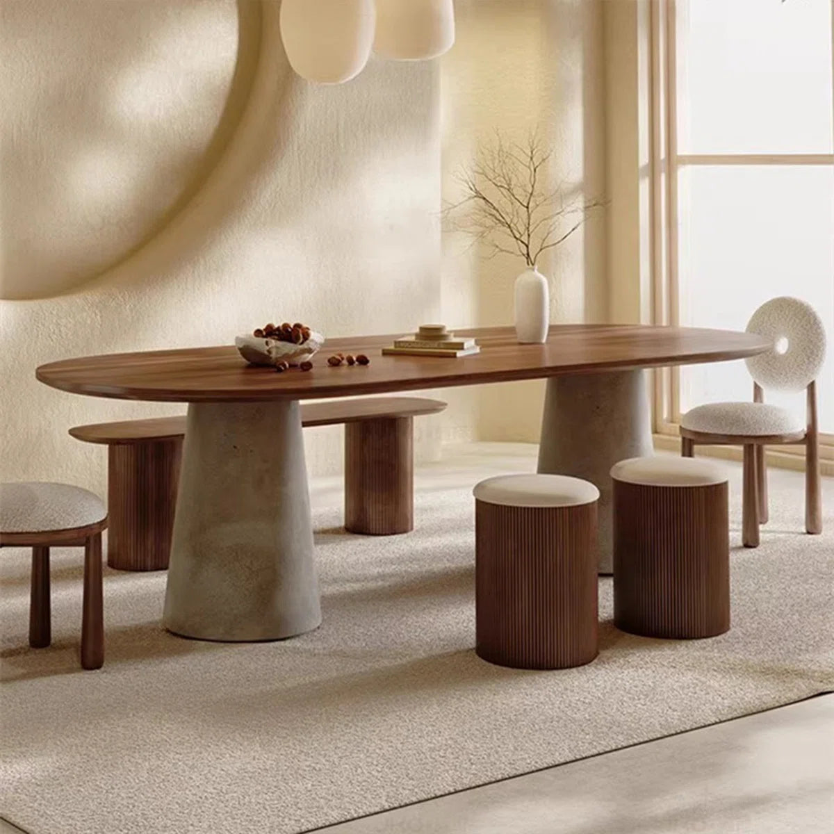 Multi-Purpose Solid Wood Oval Dining Table with Cement Iron Base