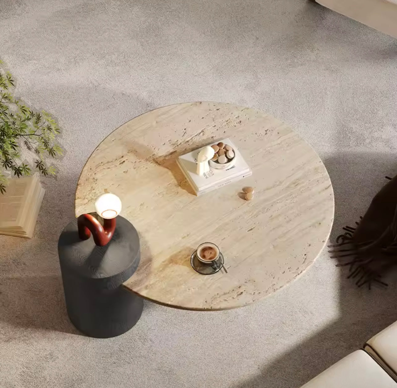 Solid Wood & Travertine Rounded Coffee Table