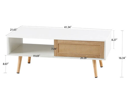 41" Modern White Rattan Coffee Table, Solid Wood Sofa Table