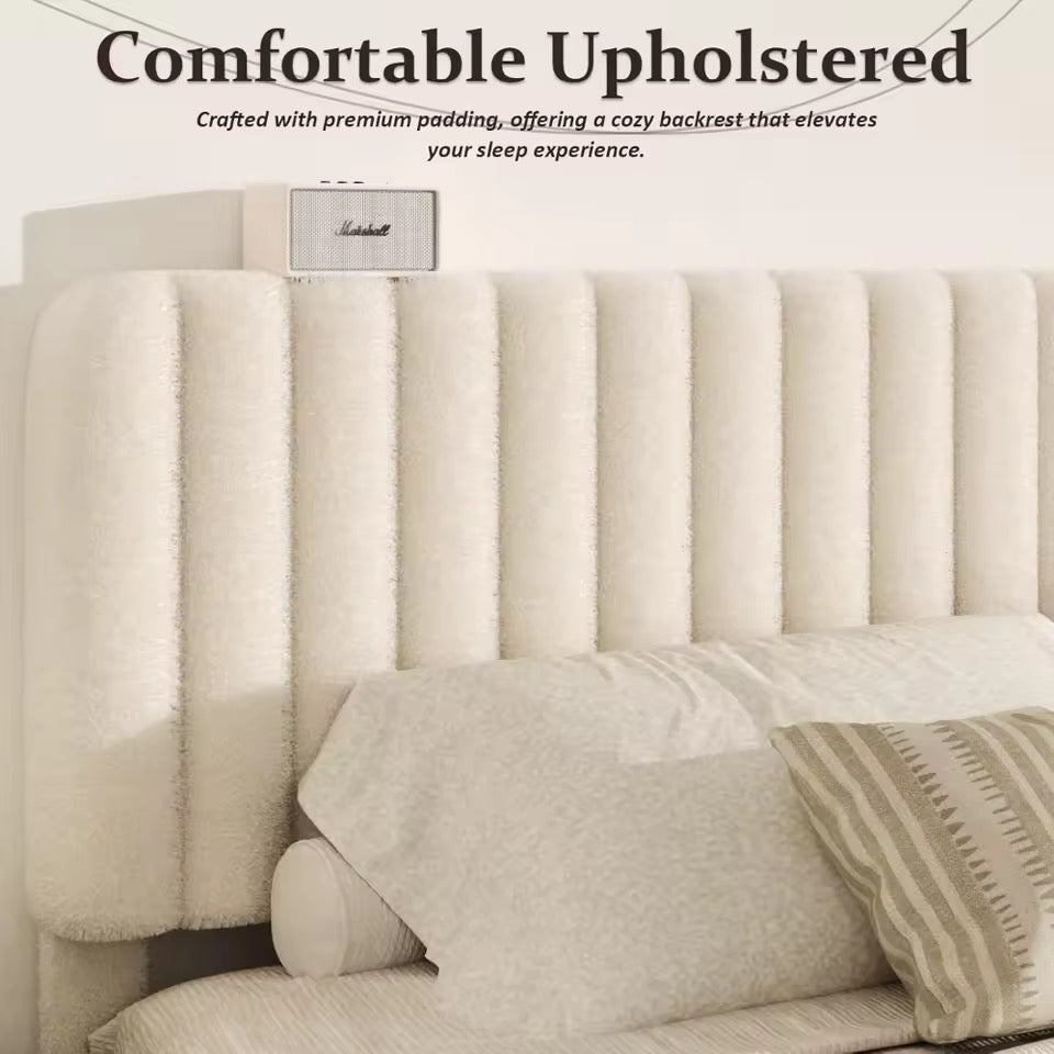 Beige Upholstered Boucle Platform Bed with Adjustable Headboard