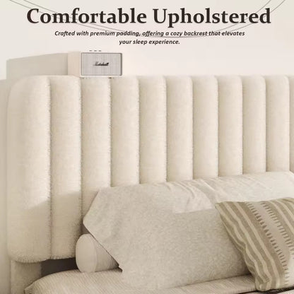 Beige Upholstered Boucle Platform Bed with Adjustable Headboard