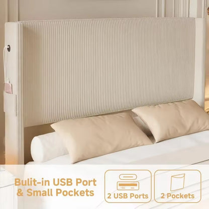 Upholstered Bed Frame with USB Ports, Tall Wingback Headboard
