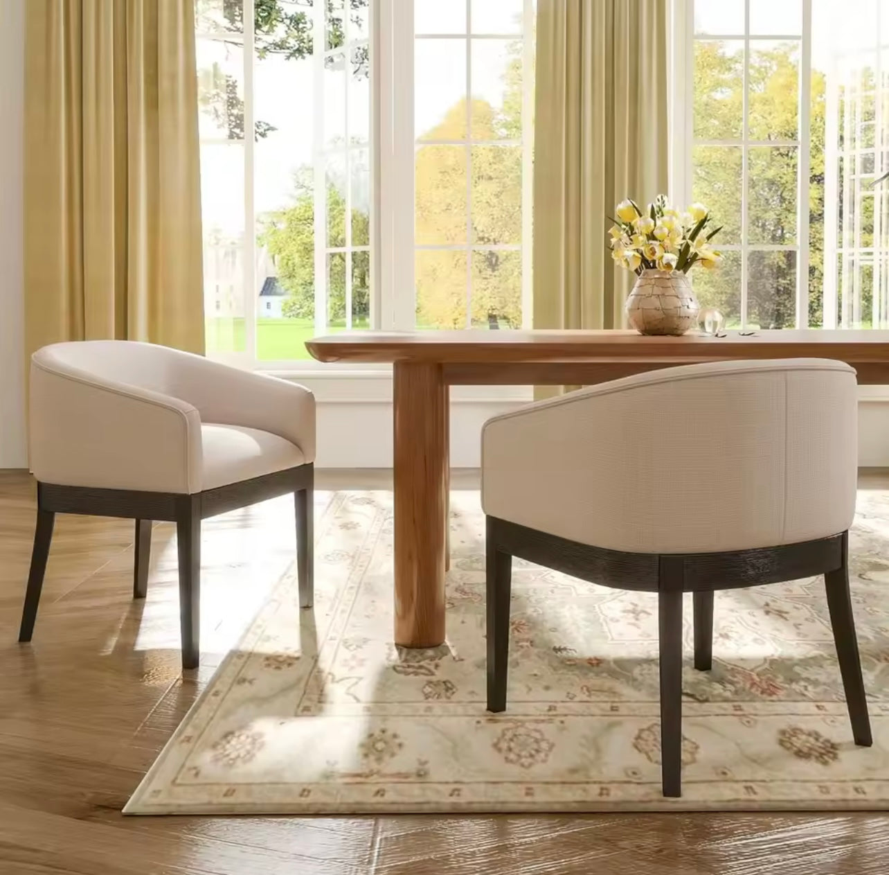 Beige Mid-Century Linen Upholstered Dining Chairs with Curved Backrest