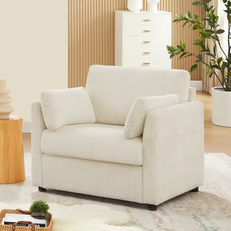 Modern Corduroy Accent Chair, Beige Armchair with Side Pockets