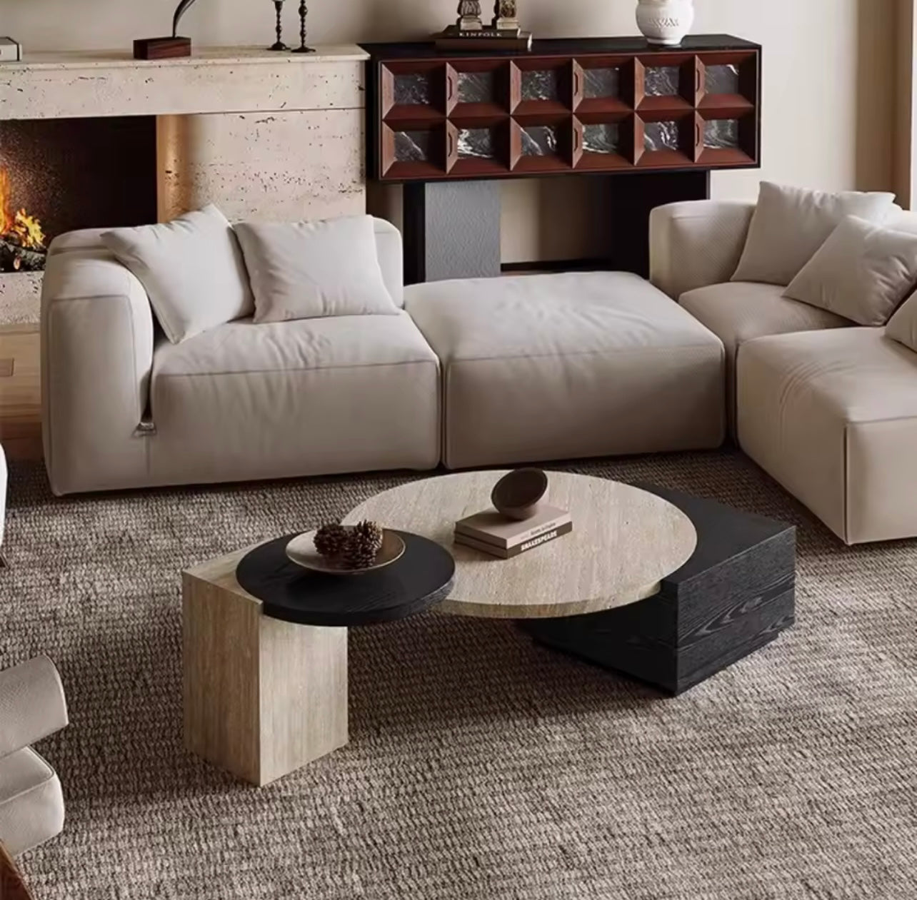 Solid Wood & Roman Cave Stone Coffee Table with Rounded Corners