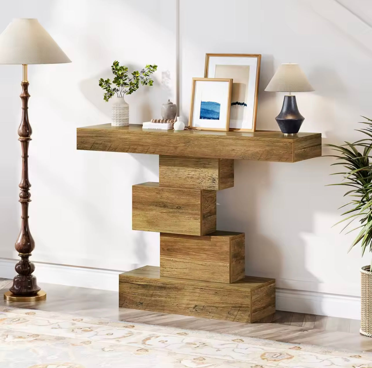 42.5” Narrow Wood Console Table with Geometric Base