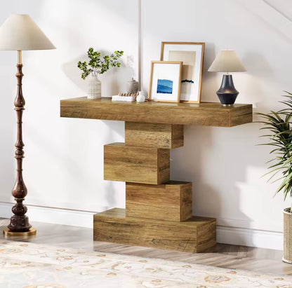 42.5” Narrow Wood Console Table with Geometric Base
