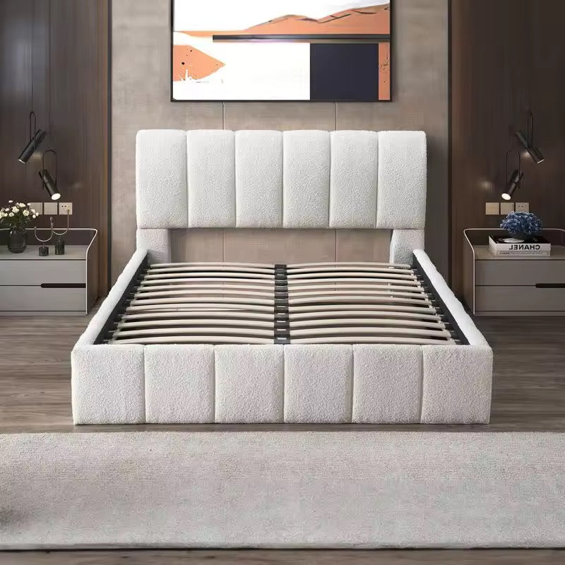 Upholstered Boucle Platform Bed with Hydraulic Storage & Linen Headboard