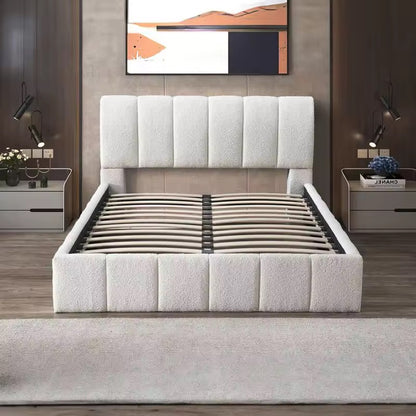 Upholstered Boucle Platform Bed with Hydraulic Storage & Linen Headboard