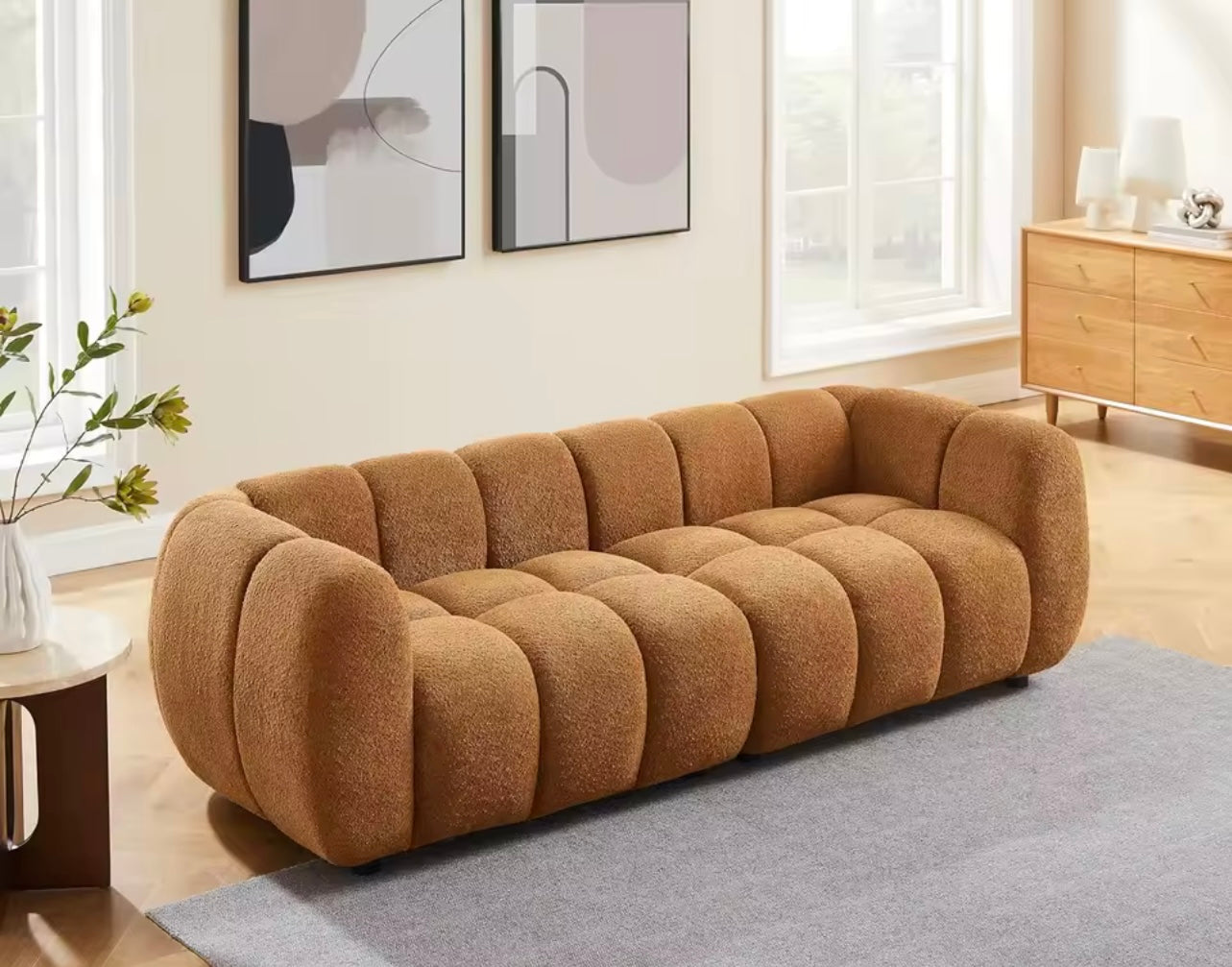 Burnt Orange Boucle Sofa, Tufted Cloud Couch, Deep Seat 3-Seater