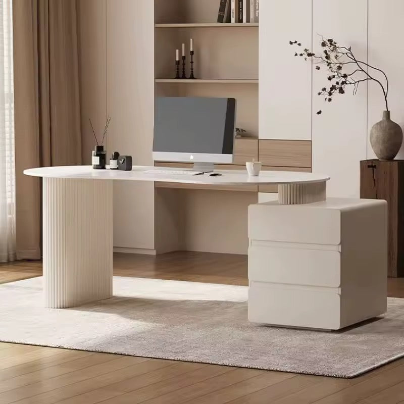 French Cream Minimalist Desk, Home Office Table with Storage