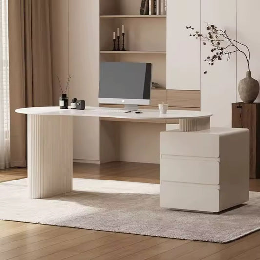 French Cream Minimalist Desk, Home Office Table with Storage