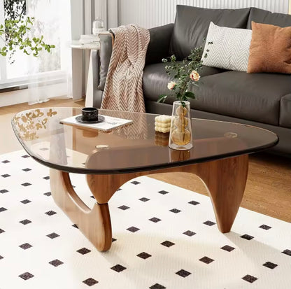 Mid Century Triangular Coffee Table, Walnut Wood Base with Glass Top