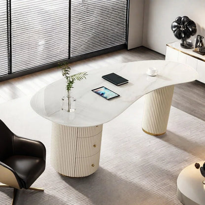 Italian Rock Slab Desk with Drawers and USB Ports, White