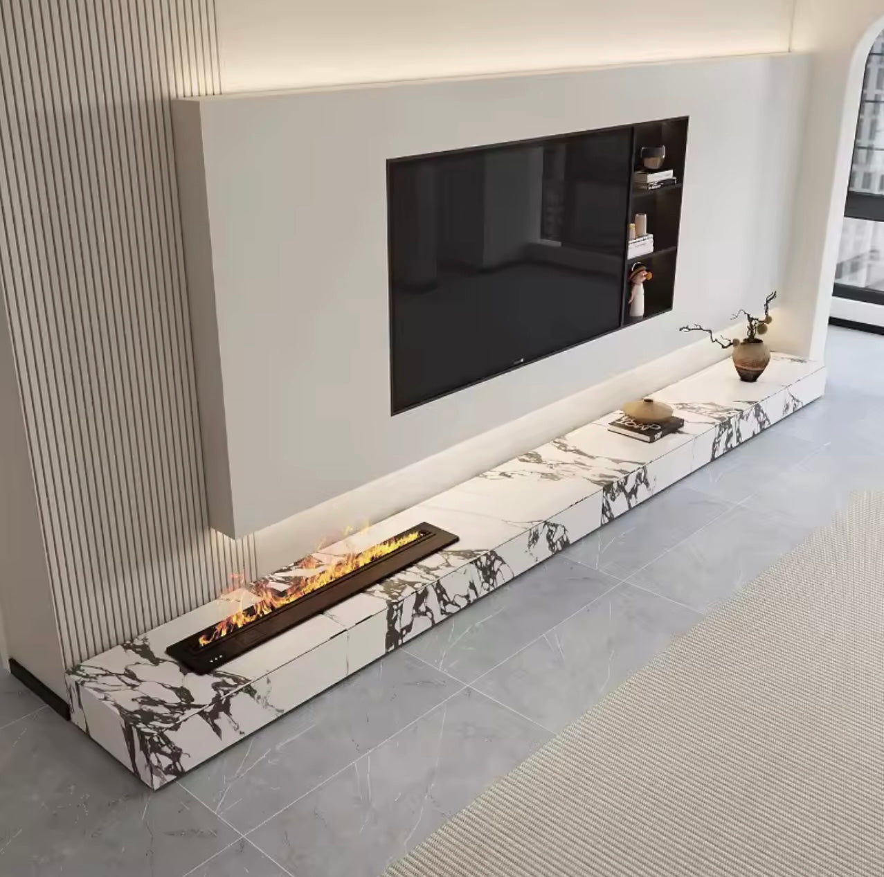 White Rock Slab TV Stand with Drawers and 3D Fireplace