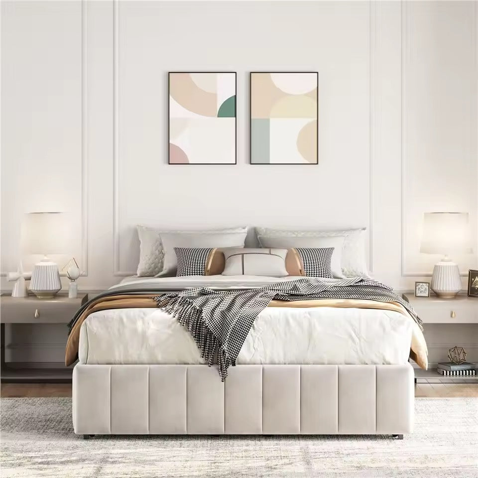 Full XL Upholstered Storage Bed with 4 Underbed Drawers