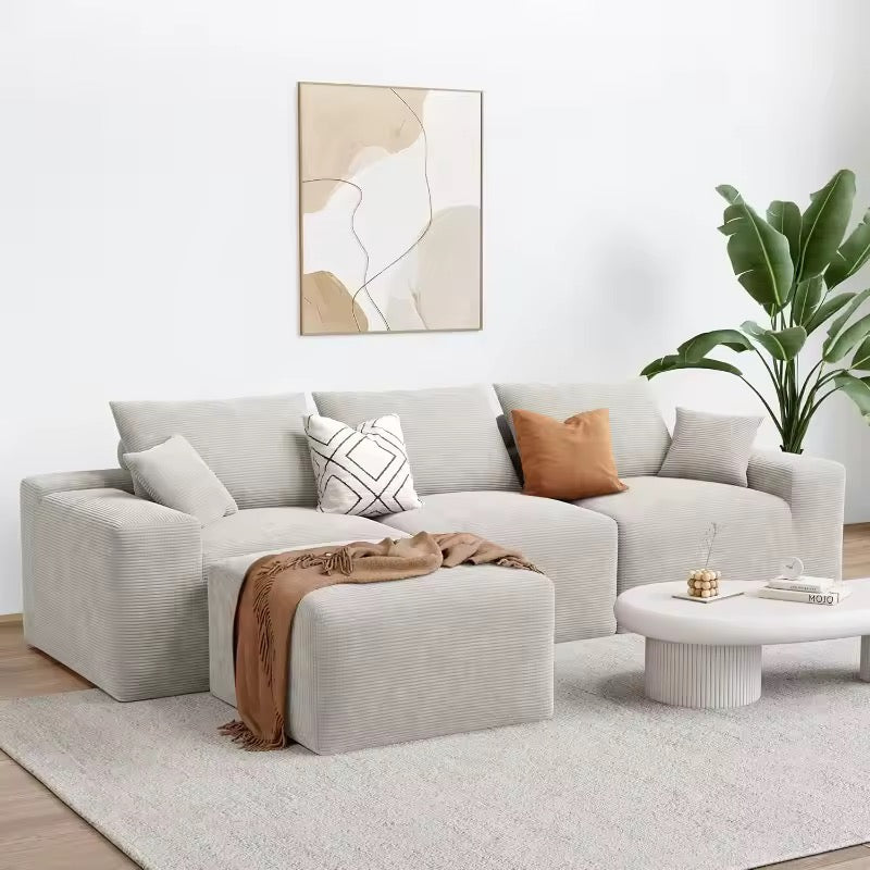 120” Modular L-Shaped Corduroy Sofa, Oversized Greige 3-Seater