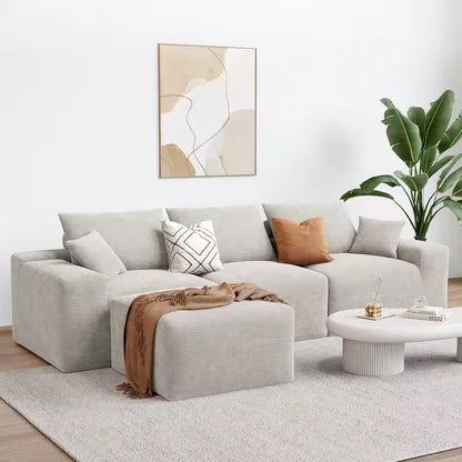120” Modular L-Shaped Corduroy Sofa, Oversized Greige 3-Seater