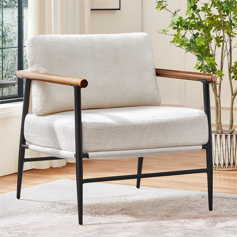 Ivory Boucle Lounge Chair with Wood Armrests