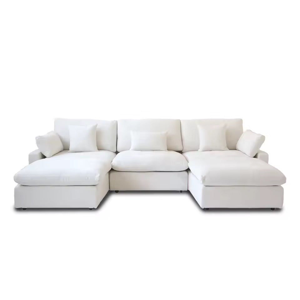 120” L-Shaped White Sectional Sofa, Modular Couch with Ottoman