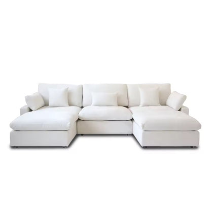 120” L-Shaped White Sectional Sofa, Modular Couch with Ottoman