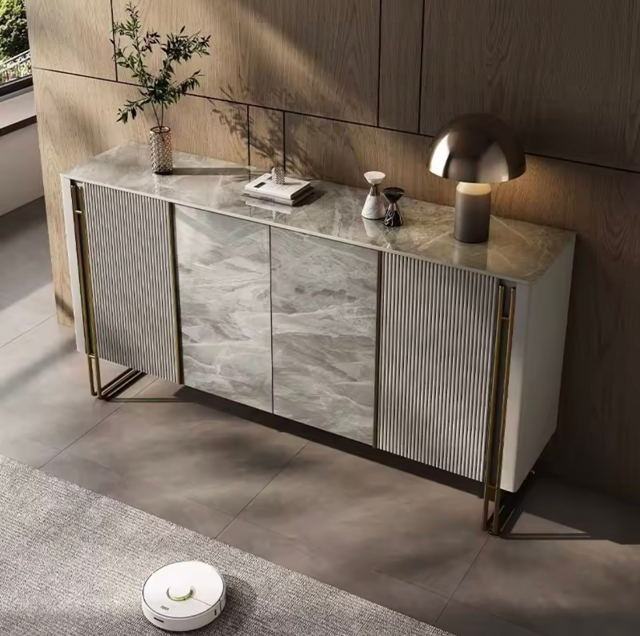 Grey Arc-Edge Sideboard with Slate Door Panels