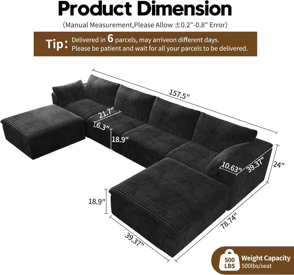 U-Shaped Corduroy Modular Cloud Sofa with Ottomans, 6-Seater Sofa