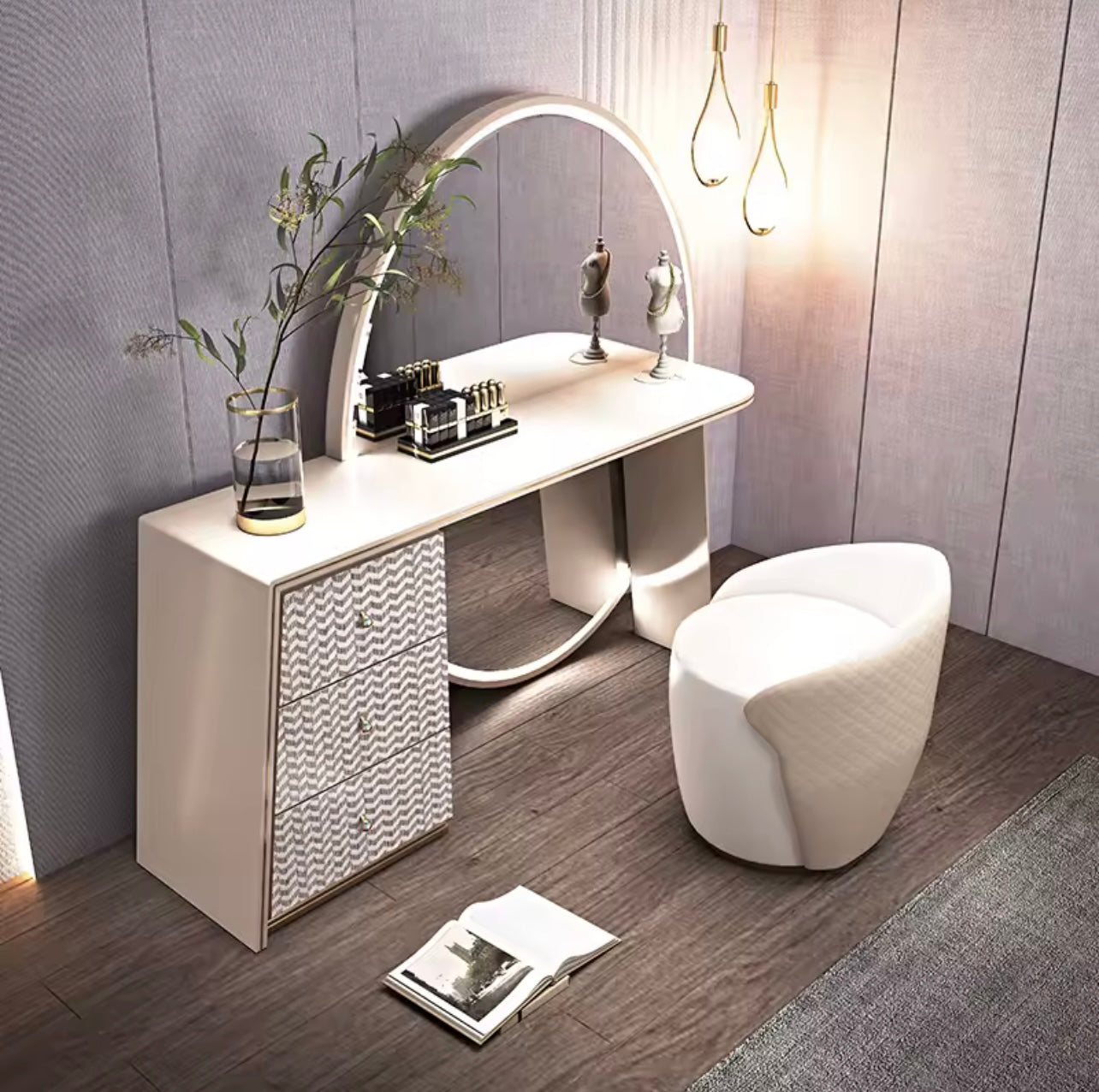 Solid Wood LED Vanity Table Set with HD Mirror & Storage Drawers