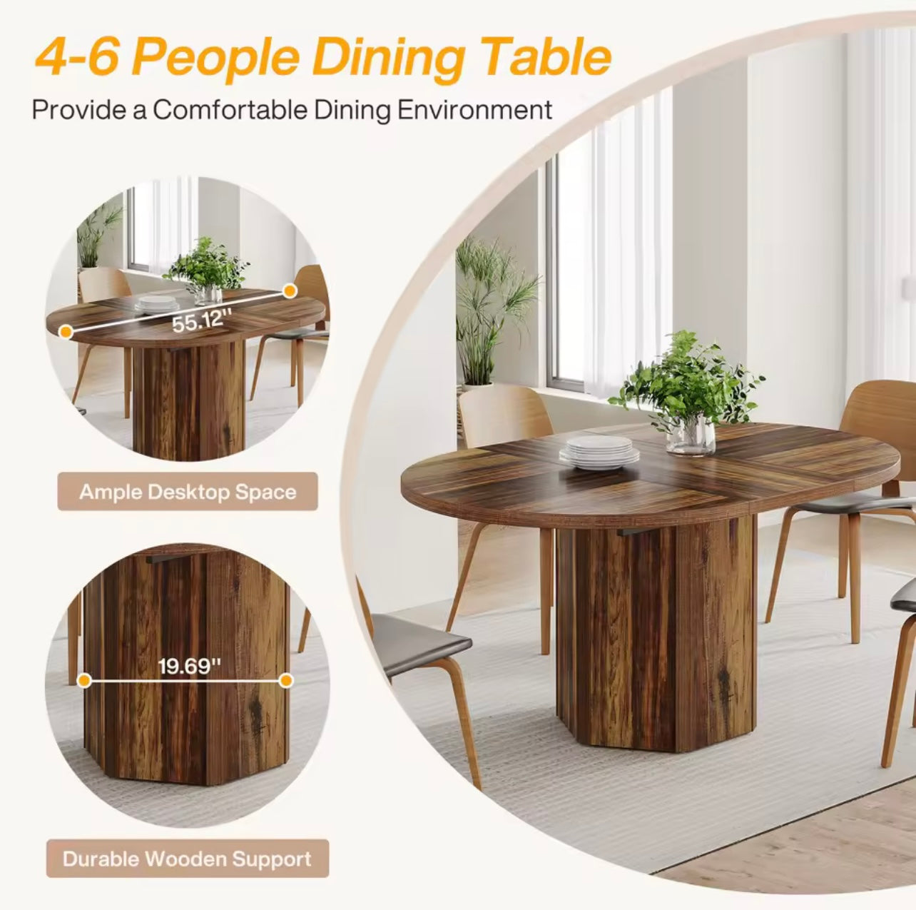 Rustic Wood Curved Dining Table with Polygon Base, Seats 6