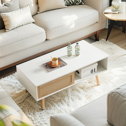 41" Modern White Rattan Coffee Table, Solid Wood Sofa Table