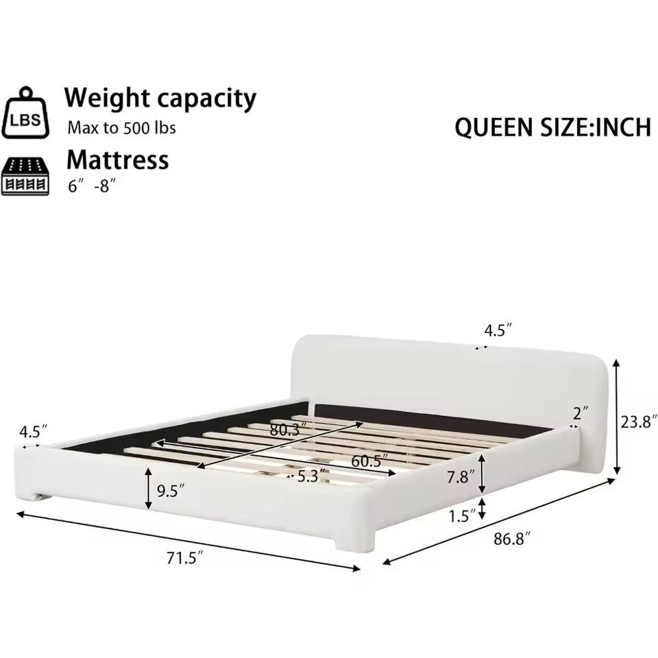 Queen Boucle Upholstered Platform Bed with Headboard in White